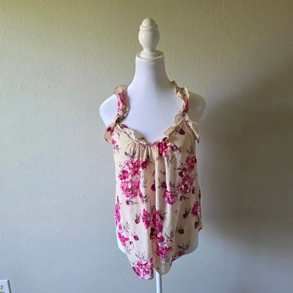 Rebecca Taylor 100% Silk Rose Garden Pink Sequin Beaded Ruffle Blouse Size 2